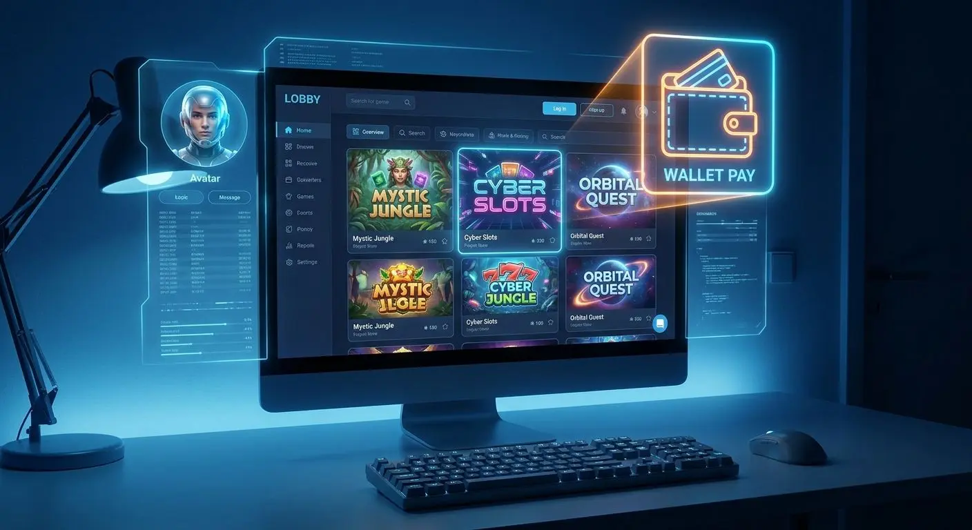 Lobby slotów online i płatność cyfrowa Interfejs lobby slotów online z ikoną płatności cyfrowej