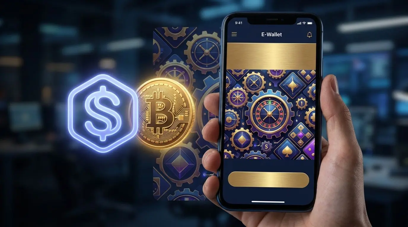 Portfel mobilny obok monety Bitcoin na tle interfejsu płatności online