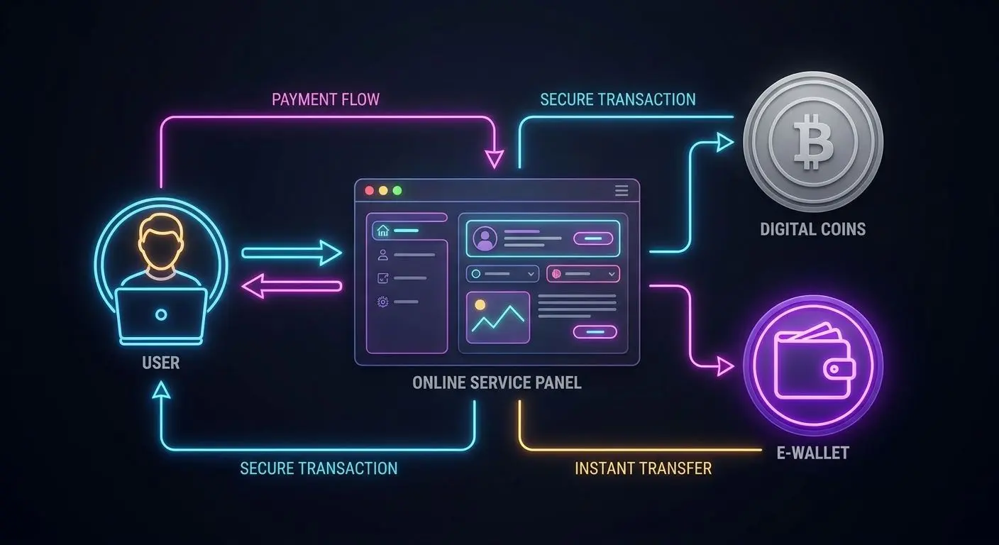 Schemat płatności online między graczem, portfelem elektronicznym i kryptowalutami