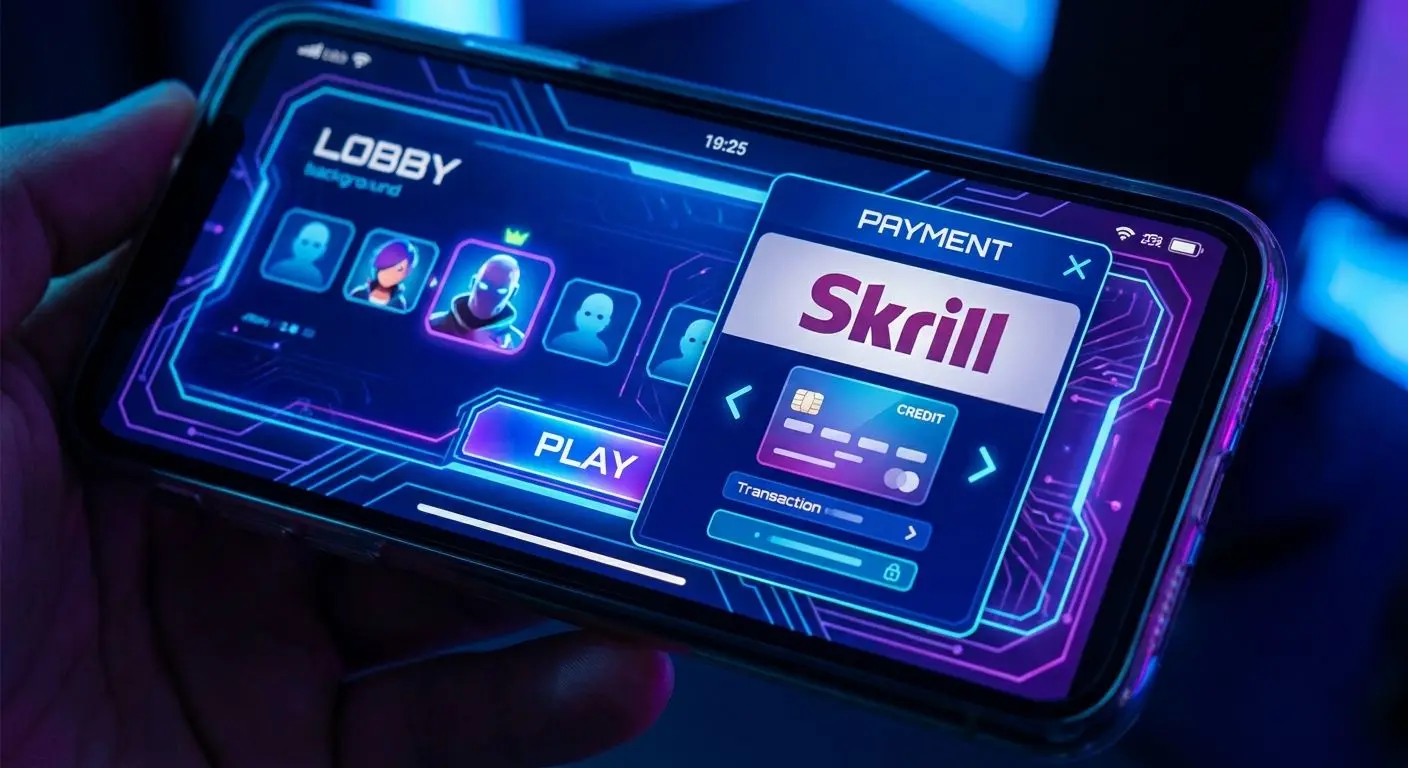 Ekran mobilnego kasyna z listą gier i ikoną Skrill