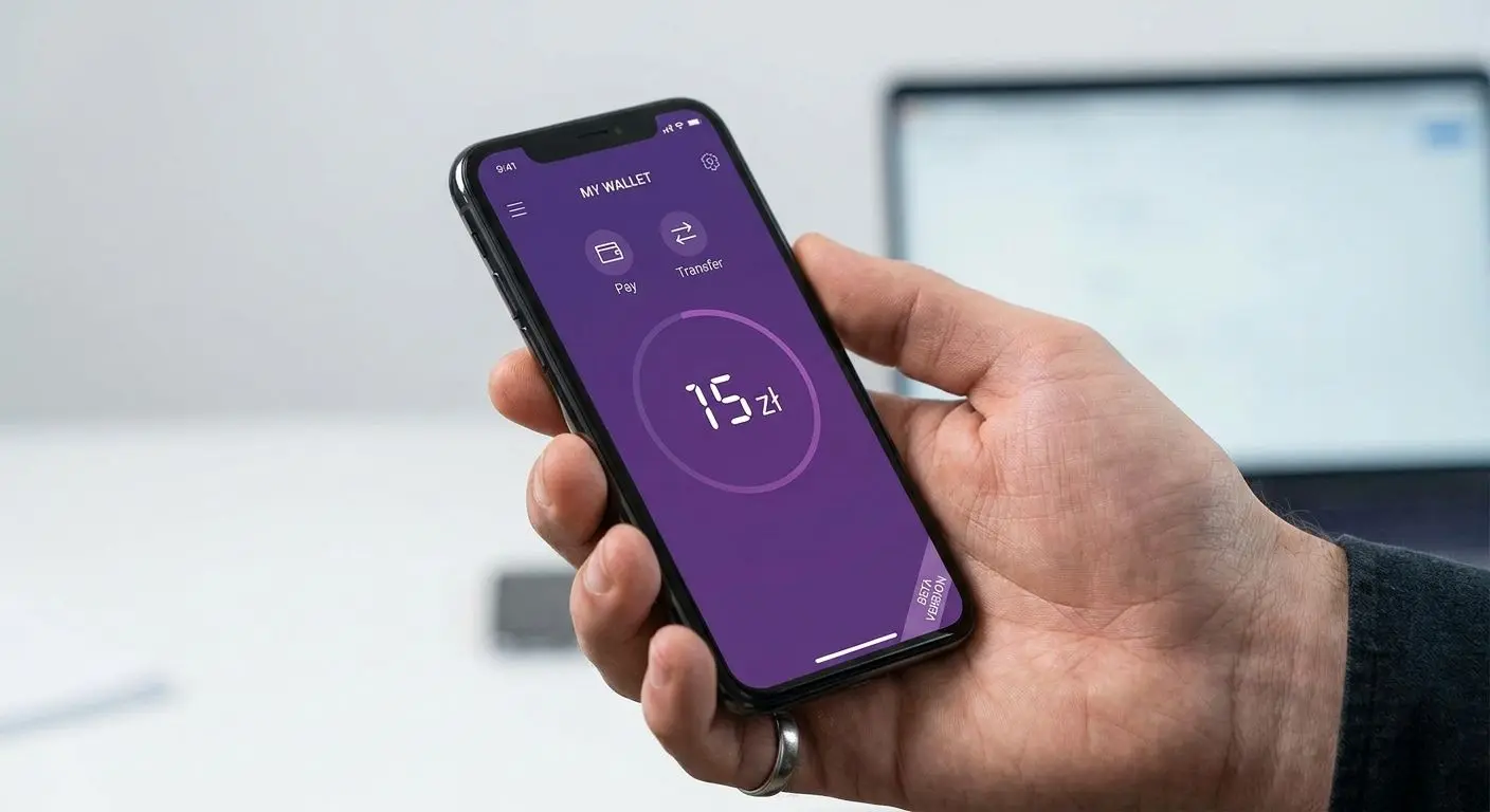 Telefon z aplikacją e-portfela i kwotą 15 zł na start